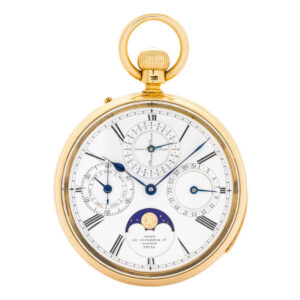 English 18K gold keyless lever complicated pocket watch Circa 1890