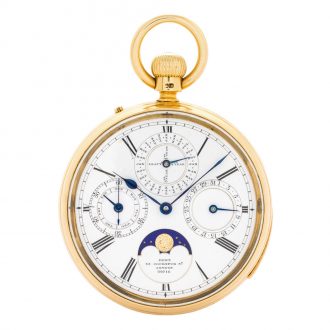 English 18K gold keyless lever complicated pocket watch Circa 1890