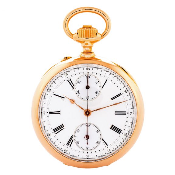 French gold keyless lever chronograph with register Circa 1890