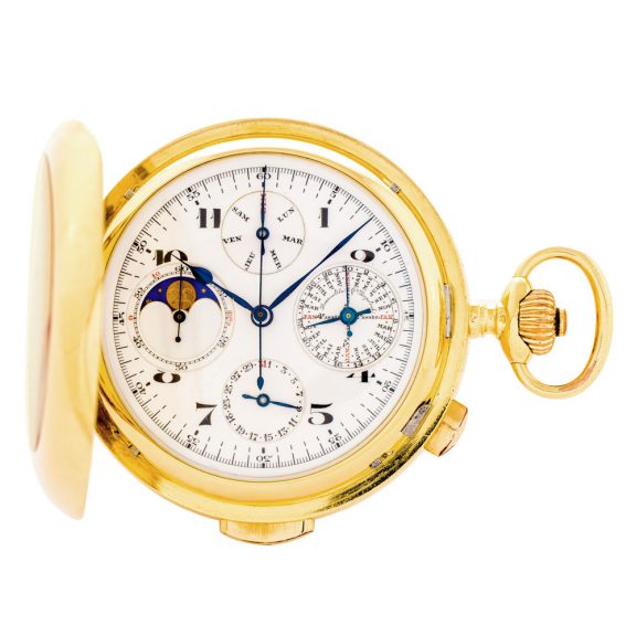 Swiss 18K gold hunting cased complicated lever watch Circa 1932
