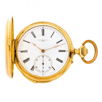 Swiss 18K gold hunting cased repeating keyless lever Circa 1887