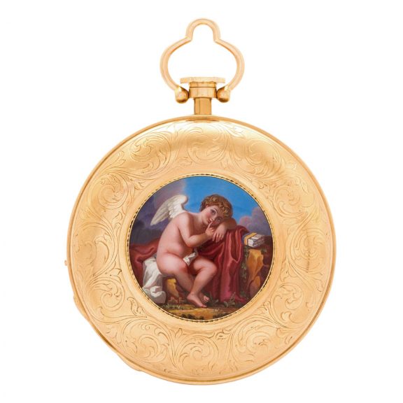 Swiss two-train repeating musical watch with erotic scene Circa 1810