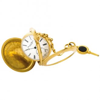 Swiss 18K gold cabriolet pocket watch with chain Circa 1985
