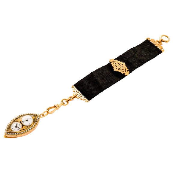 Swiss gold and pearl set navette shaped cylinder watch Circa 1810