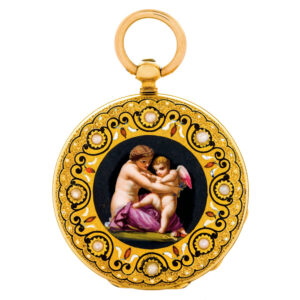 Swiss 18K gold, enamel and pearl set pendant watch Circa 1870
