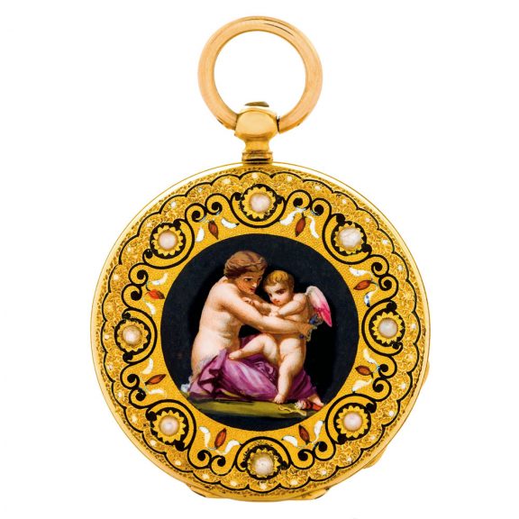 Swiss 18K gold, enamel and pearl set pendant watch Circa 1870