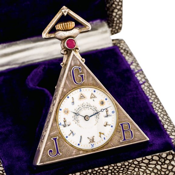 Swiss silver triangular keyless lever Masonic watch Circa 1920