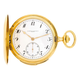 Swiss 18K gold hunting cased repeating keyless lever Circa 1910