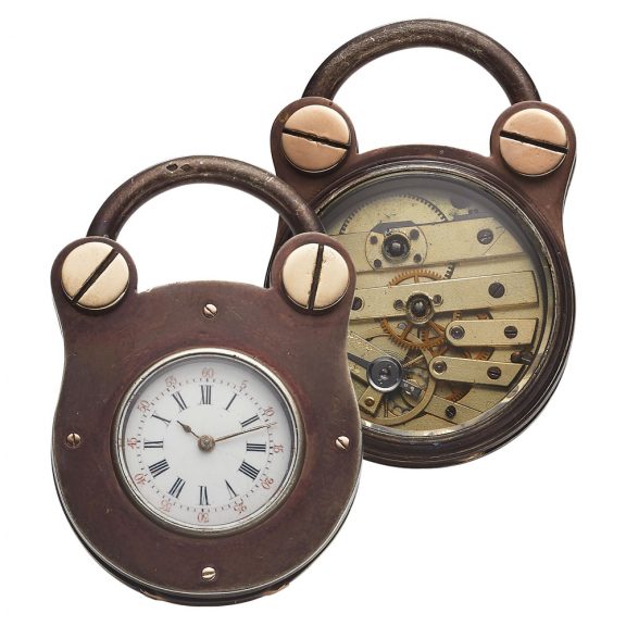 Swiss silver, gold and enamel padlock-form watch Circa 1880 Swiss silver, gold and enamel padlock-form watch Circa 1880