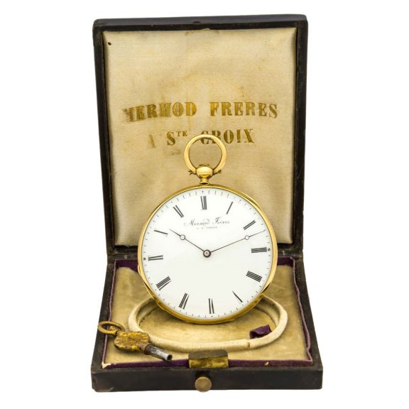 Fine Swiss 18K gold and enamel open faced verge watch Circa 1850 Fine Swiss 18K gold and enamel open faced verge watch Circa 1850