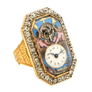 Swiss rose gold, enamel and diamond set ring watch Circa 1810