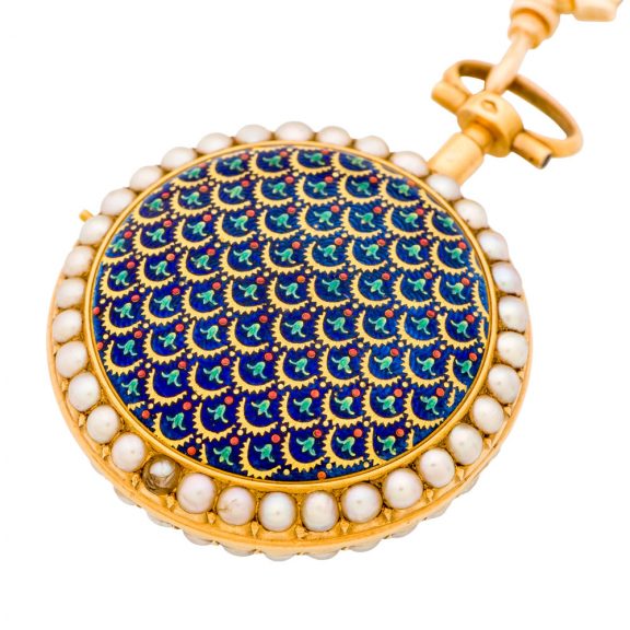 Swiss 18K gold, enamel and pearl set chatelaine watch Circa 1780 Swiss 18K gold, enamel and pearl set chatelaine watch Circa 1780