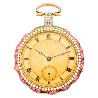 Large Swiss gold, enamel and pearl set clockwatch Circa 1820 Large Swiss gold, enamel and pearl set clockwatch Circa 1820