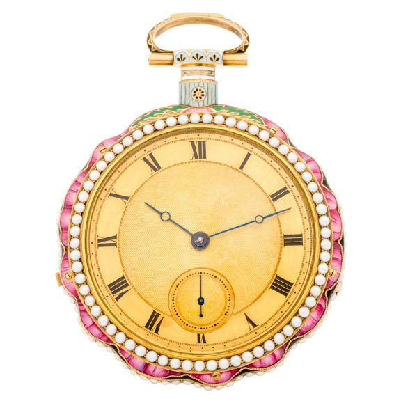 Large Swiss gold, enamel and pearl set clockwatch Circa 1820 Large Swiss gold, enamel and pearl set clockwatch Circa 1820