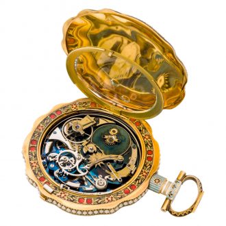 Large Swiss gold, enamel and pearl set clockwatch Circa 1820 Large Swiss gold, enamel and pearl set clockwatch Circa 1820