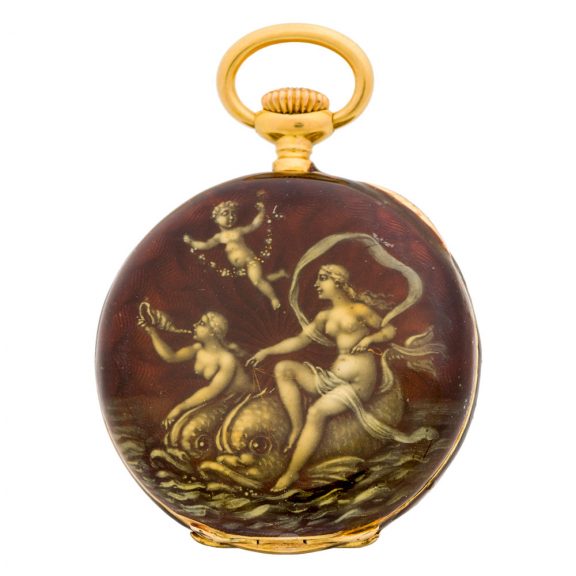 Small Swiss 18K gold and enamel keyless pocket watch Circa 1893