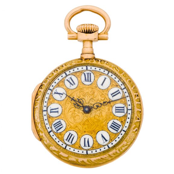 Small Swiss 18 carat gold open faced repoussé watch Circa 1893 Small Swiss 18 carat gold open faced repoussé watch Circa 1893