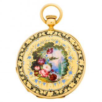 Early Swiss 18K gold and enamel keyless lever watch Circa 1854