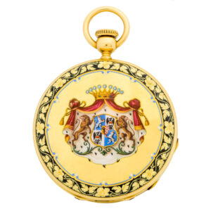 Early Swiss 18K gold and enamel keyless lever watch Circa 1854