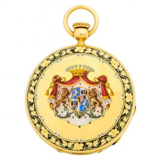 Early Swiss 18K gold and enamel keyless lever watch Circa 1854