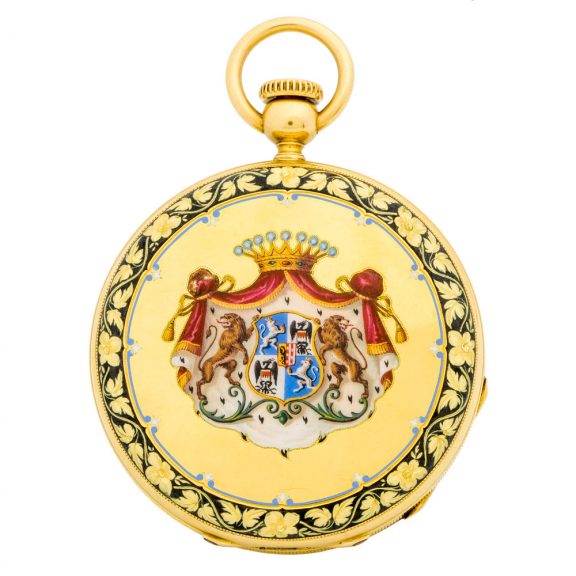 Early Swiss 18K gold and enamel keyless lever watch Circa 1854