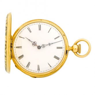 Early Swiss 18K gold and enamel keyless lever watch Circa 1854