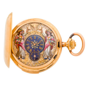 Swiss 18K gold repeating keyless automaton watch Circa 1890