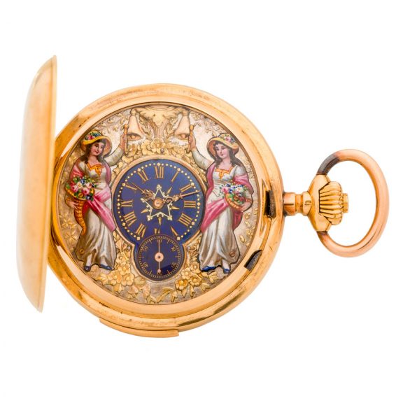 Swiss 18K gold repeating keyless automaton watch Circa 1890