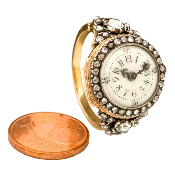 Swiss 18 carat gold and diamond set ladies' ring watch Circa 1785 Swiss 18 carat gold and diamond set ladies' ring watch Circa 1785