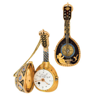 Swiss gold and enamel mandoline shaped watch Circa 1810 Swiss gold and enamel mandoline shaped watch Circa 1810