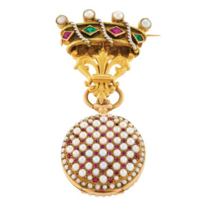 Elegant Swiss gold, pearl and ruby set cylinder watch Circa 1900