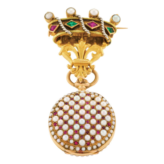 Elegant Swiss gold, pearl and ruby set cylinder watch Circa 1900