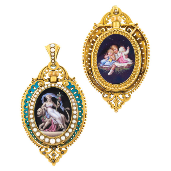 Swiss gold, enamel, pearl and diamond set pendant watch Circa 1890 Swiss gold, enamel, pearl and diamond set pendant watch Circa 1890