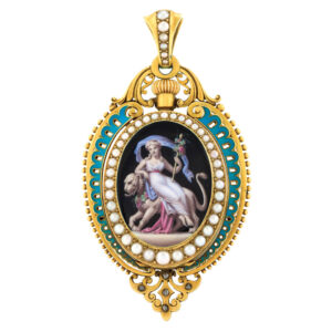 Swiss gold, enamel, pearl and diamond set pendant watch Circa 1890
