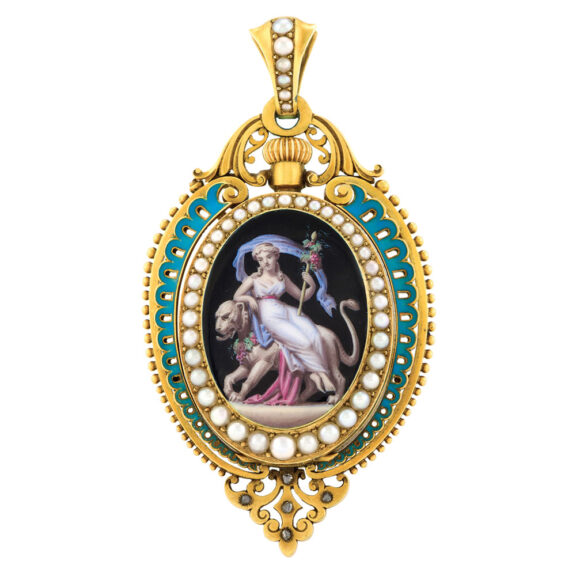 Swiss gold, enamel, pearl and diamond set pendant watch Circa 1890