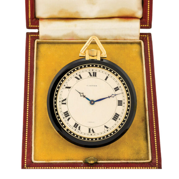 Swiss black onyx, gold and enamel keyless watch Circa 1925