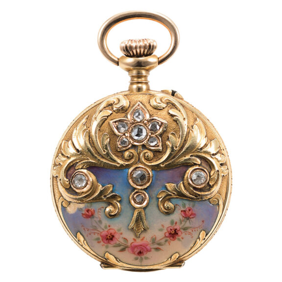 Swiss 14K gold, enamel and stone set keyless watch Circa 1885