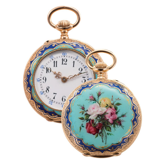 Elegant Swiss 18K gold and enamel cylinder watch Circa 1885 Elegant Swiss 18K gold and enamel cylinder watch Circa 1885