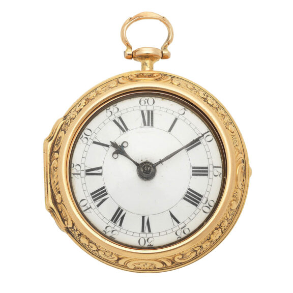 English gold key wind verge with repousse decoration Circa 1744 English gold key wind verge with repousse decoration Circa 1744