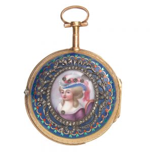 A French gold key wind verge with enamel portrait Circa 1770