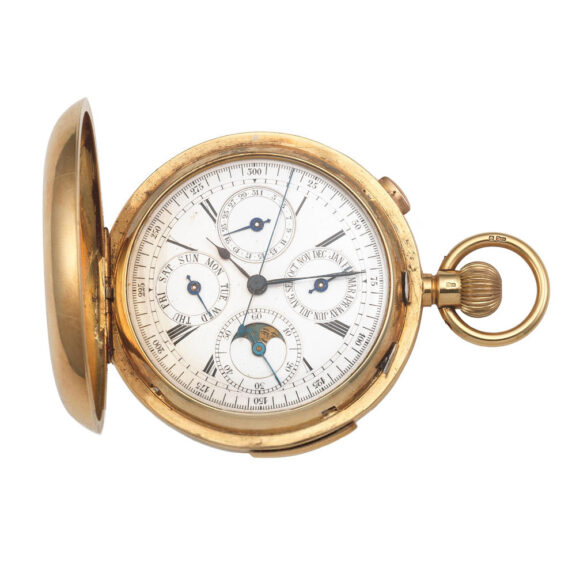 A Swiss gold quarter repeating lever with moon phase Circa 1908