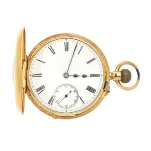 An English 18 carat gold lever half hunter pocket watch Circa 1902