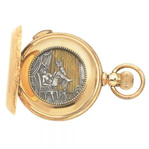Swiss 14k gold quarter repeating erotic automaton Circa 1890