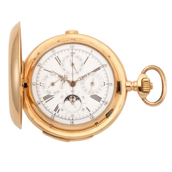 Swiss 18k gold hunting cased complicated watch Circa 1890