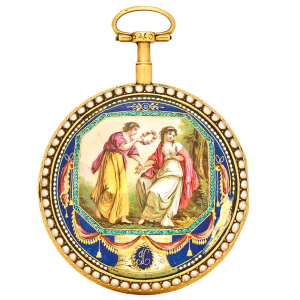 A Swiss enameled gold verge set with pearls Circa 1775-1800