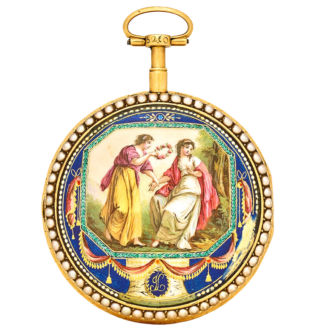 A Swiss enameled gold verge set with pearls Circa 1775-1800