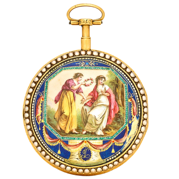 A Swiss enameled gold verge set with pearls Circa 1775-1800
