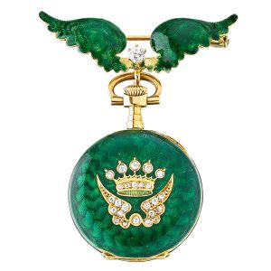 Swiss gold, enamel, diamond set watch and brooch Circa 1890
