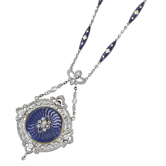 A fine Swiss enameled gold pendant watch and chain Circa 1910