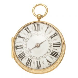 A French gilt metal pocket watch with mock pendulum Circa 1690
